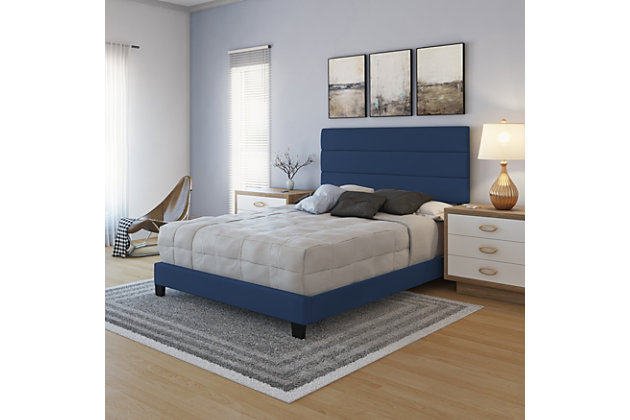 Clean, modern lines define this upholstered platform bed, making it the showpiece in any setting. The horizontal lines of the tri-panel headboard create a linear design concept you can easily accentuate with your favorite decor. Manufactured with high quality materials, the entire bed is upholstered and slightly padded for a premium look and feel. Block-style legs around the perimeter partner with the center support legs for incredible structural stability. The frame includes 13 cross slats with center support legs. No box spring or foundation needed. Supports up to 700 lbs. 

Assembles in under 15 minutes. All hardware is included, conveniently zipped up in the back of the headboard. Entire bed ships in 1 box for easy transport. Limited 1 Year Warranty.Upholstered and padded platform bed | Tri-panel headboard | No box spring or foundation required | Assembles in under 15 minutes. Hardware and instructions included | Ships in 1 box to easily fit through doorways, hallways or stairwells | Headboard height: 49" | Supports up to 700 lbs. | 1 Year Warranty