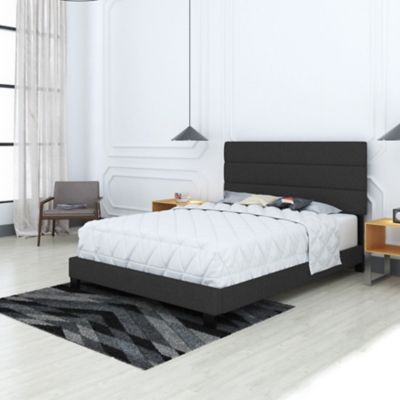 Harrianna Queen Upholstered Linen Platform Bed, Black, rollover