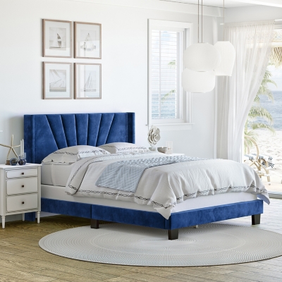 Zoeigh King Upholstered Velour Platform Bed, Blue