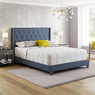 Caroun Queen Upholstered Linen Platform Bed, Blue, rollover