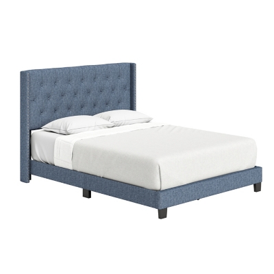 Caroun Upholstered Linen Platform Bed, Blue, grid