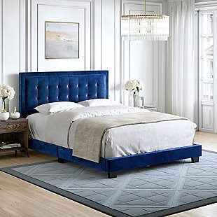 Shoshana King Upholstered Velour Platform Bed, Blue, rollover