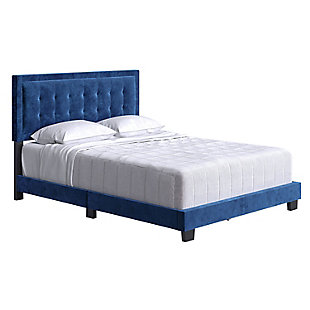 Lush velvet fabric and bold colors define this gorgeous upholstered platform bed. Padded and tufted headboard is accentuated by a smooth outer frame that matches all sides of the bed. This beautiful bed is completely upholstered and slightly padded for a premium look and feel. Block-style legs around the perimeter partner with the center support legs for incredible structural stability. Your mattress will be supported by 13 birch cross-slats and center supports, that will easily hold up to 700 lbs. No box spring or foundation needed, as this is a true platform bed. Assembles in under 15 minutes. All hardware is included, conveniently zipped up in the back of the headboard. Entire platform bed ships in 1 box for easy transport. Limited 1 Year Warranty.Upholstered velvet platform bed | Tufted headboard and matching sides | No box spring or foundation required | Assembles in under 15 minutes. Hardware and instructions included | Ships in 1 box to easily fit through doorways, hallways or stairwells | Headboard height: 47” | Supports up to 700 lbs. | 1 Year Warranty