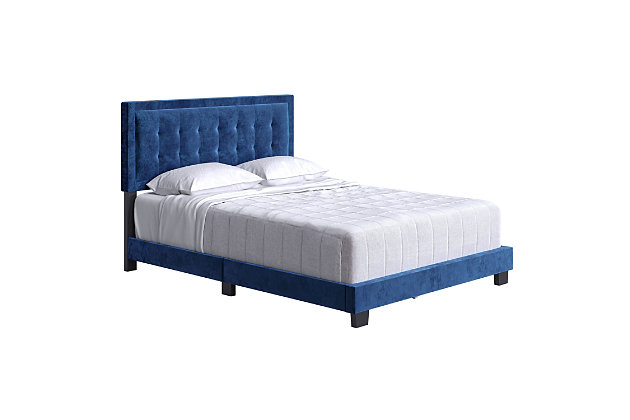 Lush velvet fabric and bold colors define this gorgeous upholstered platform bed. Padded and tufted headboard is accentuated by a smooth outer frame that matches all sides of the bed. This beautiful bed is completely upholstered and slightly padded for a premium look and feel. Block-style legs around the perimeter partner with the center support legs for incredible structural stability. Your mattress will be supported by 13 birch cross-slats and center supports, that will easily hold up to 700 lbs. No box spring or foundation needed, as this is a true platform bed. Assembles in under 15 minutes. All hardware is included, conveniently zipped up in the back of the headboard. Entire platform bed ships in 1 box for easy transport. Limited 1 Year Warranty.Upholstered velvet platform bed | Tufted headboard and matching sides | No box spring or foundation required | Assembles in under 15 minutes. Hardware and instructions included | Ships in 1 box to easily fit through doorways, hallways or stairwells | Headboard height: 47” | Supports up to 700 lbs. | 1 Year Warranty