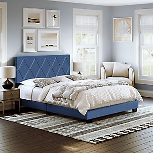 Destry Queen Upholstered Linen Platform Bed, Blue, rollover