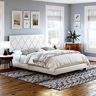 Destry Queen Upholstered Faux Leather Platform Bed, White, rollover
