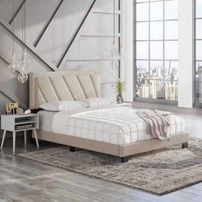 B600005808 Soren King Upholstered Linen Platform Bed, White sku B600005808