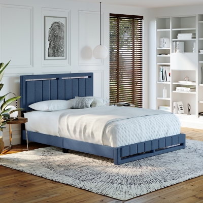 Roza King Upholstered Linen Platform Bed, Blue