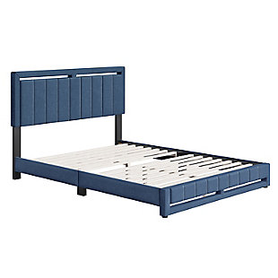 This stately upholstered platform bed frame features vertical channel tufting on the headboard with matching footboard that extends to the floor for a unique, polished focal piece for any bedroom. Frame is wrapped and slightly padded for a premium look and feel. Bed comes with a full 14-slat system that will support up to 700 lbs. No box spring or foundation required. Ships in 1 box for easy transport. Assembles in under 15 minutes, and all hardware is conveniently zipped up behind the headboard. 1 Year Limited Warranty.Upholstered platform bed | Vertical channel-stitched headboard and matching footboard | Box spring NOT required | Assembles in under 15 minutes. Hardware and instructions included | Ships in 1 box to easily fit through doorways, hallways or stairwells | Headboard height: 47.5” | Supports up to 700 lbs. | 1 Year Warranty