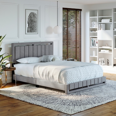 Roza King Upholstered Linen Platform Bed, Gray, large