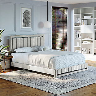 Roza King Upholstered Linen Platform Bed, White, rollover