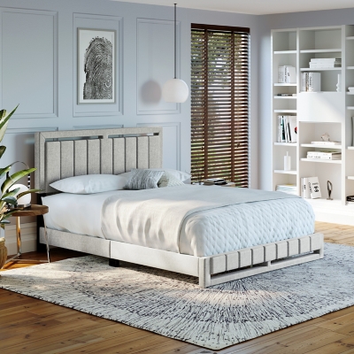 Roza Queen Upholstered Linen Platform Bed, White, large