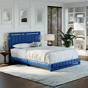 Roza King Upholstered Faux Leather Platform Bed, Blue, rollover