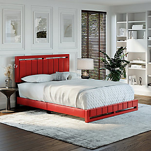 Roza Queen Upholstered Faux Leather Platform Bed, Red, rollover