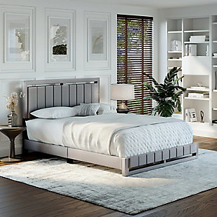Roza King Upholstered Faux Leather Platform Bed, Gray, rollover