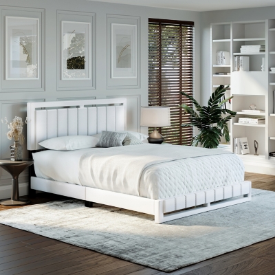 Roza Queen Upholstered Faux Leather Platform Bed, White, large