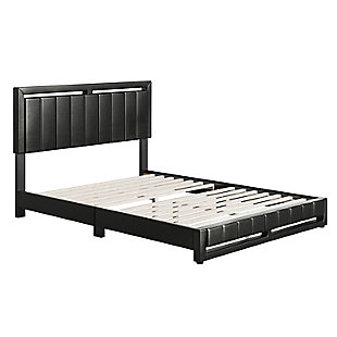 This stately upholstered platform bed frame features vertical channel tufting on the headboard with matching footboard that extends to the floor for a unique, polished focal piece for any bedroom. Frame is wrapped and slightly padded for a premium look and feel. Bed comes with a full 14-slat system that will support up to 700 lbs. No box spring or foundation required. Ships in 1 box for easy transport. Assembles in under 15 minutes, and all hardware is conveniently zipped up behind the headboard. 1 Year Limited Warranty.Upholstered platform bed | Vertical channel-stitched headboard and matching footboard | Box spring NOT required | Assembles in under 15 minutes. Hardware and instructions included | Ships in 1 box to easily fit through doorways, hallways or stairwells | Headboard height: 47.5” | Supports up to 700 lbs. | 1 Year Warranty