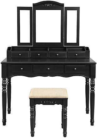 This vanity set offers variety of drawers, open compartments and brush holders to help organize all your beauty items and jewelry with ease. Its large tabletop offers enough space for you to manage all your accessories while doing your makeup.Includes vanity table and stool | Made of wood and metal | 7 drawers | 2 brush slots | 4 open compartments | Tri-fold necklace hooked mirror | Assembly required
