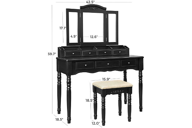 This vanity set offers variety of drawers, open compartments and brush holders to help organize all your beauty items and jewelry with ease. Its large tabletop offers enough space for you to manage all your accessories while doing your makeup.Includes vanity table and stool | Made of wood and metal | 7 drawers | 2 brush slots | 4 open compartments | Tri-fold necklace hooked mirror | Assembly required