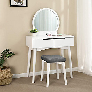This vanity set covers provides just what you need to get ready. Two sliding, deep drawers keep makeup supplies and hairbrushes at your fingertips, and a spacious tabletop leaves you a large space for the items in your beauty routine.Includes vanity table and upholstered stool | Made of wood and metal | 3 drawers | Rounded mirror | Spacious top | Assembly required