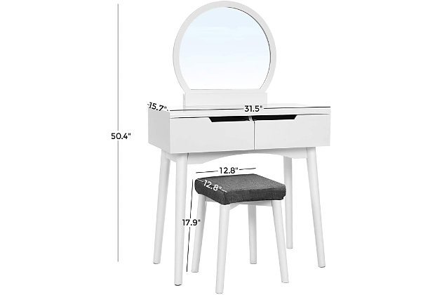 This vanity set covers provides just what you need to get ready. Two sliding, deep drawers keep makeup supplies and hairbrushes at your fingertips, and a spacious tabletop leaves you a large space for the items in your beauty routine.Includes vanity table and upholstered stool | Made of wood and metal | 3 drawers | Rounded mirror | Spacious top | Assembly required