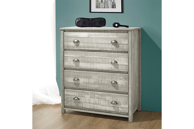 Add some farmhouse flair to your bedroom with this chest of drawers. Its rustic gray finish has a delightful sense of charm, while the four drawers offer ample storage space. Weathered pewter-tone pulls add a chic finishing touch.Made with Brazilian pine and engineered wood | Rustic gray painted finish | Weathered pewter-tone drawer pulls | 4 drawers with metal glides | Meets anti-tipping standards; anti-tipping strap kit included | Meets all CPSC and ASTM standards | Ships in 2 boxes | Assembly required | Estimated Assembly Time: 5 Minutes