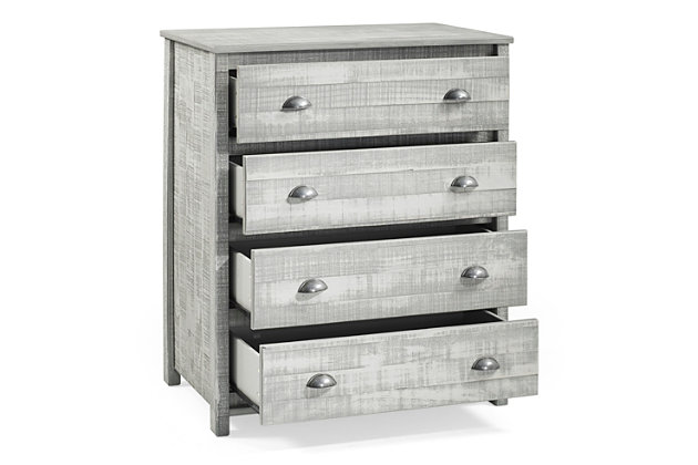 Add some farmhouse flair to your bedroom with this chest of drawers. Its rustic gray finish has a delightful sense of charm, while the four drawers offer ample storage space. Weathered pewter-tone pulls add a chic finishing touch.Made with Brazilian pine and engineered wood | Rustic gray painted finish | Weathered pewter-tone drawer pulls | 4 drawers with metal glides | Meets anti-tipping standards; anti-tipping strap kit included | Meets all CPSC and ASTM standards | Ships in 2 boxes | Assembly required | Estimated Assembly Time: 5 Minutes
