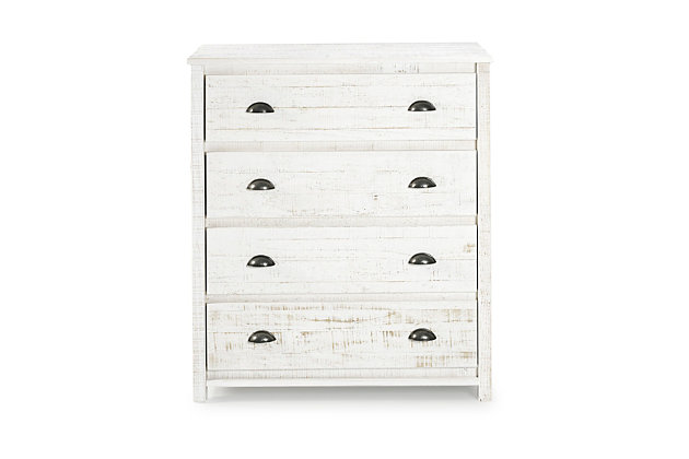 Add some farmhouse flair to your bedroom with this chest of drawers. Its rustic white finish has a delightful sense of charm, while the four drawers offer ample storage space. Weathered pewter-tone pulls add a chic finishing touch.Made with Brazilian pine and engineered wood | Rustic white painted finish | Weathered pewter-tone drawer pulls | 4 drawers with metal glides | Meets anti-tipping standards; anti-tipping strap kit included | Meets all CPSC and ASTM standards | Ships in 2 boxes | Assembly required | Estimated Assembly Time: 5 Minutes