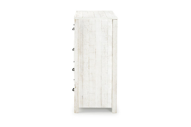 Add some farmhouse flair to your bedroom with this chest of drawers. Its rustic white finish has a delightful sense of charm, while the four drawers offer ample storage space. Weathered pewter-tone pulls add a chic finishing touch.Made with Brazilian pine and engineered wood | Rustic white painted finish | Weathered pewter-tone drawer pulls | 4 drawers with metal glides | Meets anti-tipping standards; anti-tipping strap kit included | Meets all CPSC and ASTM standards | Ships in 2 boxes | Assembly required | Estimated Assembly Time: 5 Minutes