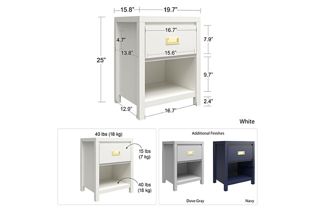Oh, the thrill of discovery! The unparalleled feeling of victory upon encountering the perfect find, the Little Seeds Monarch Hill Haven Navy Kids' 1 Drawer Nightstand!  With its dark blue finish and beautiful gold drawer pulls, this campaign style nightstand will house your little explorer's night time necessities.  This navy nightstand features generous storage space with 1 drawer and an open cubby for precious bed time treasures. The navy nightstand meets or exceeds the CPSIA Juvenile testing requirements to ensure your child's safety. Little Seeds not only creates this and many more on trend kids' and teen furniture pieces, we also partner with the National Wildlife Federation's Garden for Wildlife program to help save the Monarch butterfly.Made of painted mdf with gold campaign style handle | 1 drawer with safety stops and open cubby | The top surface can hold up to 40 lbs. And the drawer and cubby can each support up to 25 lbs. | 1 year limited warranty | Assembled dimensions: 25.03”h x 19.68”w x 15.75”d