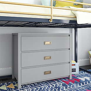 Armed with sorting boxes and laundry baskets, you make your way through your child's bedroom like a jungle adventurer deftly cutting a path with her trusty machete.  If only there was a way to prevent this wasteland of clothes piles from forming!  Enter the Little Seeds Monarch Hill Haven 3 Drawer Dove Grey Kid's Dresser.  With its light grey finish and fashionable gold drawer pulls, this campaign style dresser will be the perfect storage solution for your child or teen's jungle of clothes that even they will enjoy using.  The Little Seeds Monarch Hill Haven 3 Drawer Dove Grey Kid's Dresser features durable metal drawer slides with built-in stops for safety.  If your little one is still in diapers, you can add the optional Changing Table Topper (sold separately) to convert to a changing table dresser.  The kids' dresser meets or exceeds the CPSIA Juvenile testing requirements and includes a wall anchor kit to ensure your child's safety. Little Seeds not only creates this and many more on trend baby and kids' furniture pieces, we also partner with the National Wildlife Federation's Garden for Wildlife program to help save the Monarch butterfly.Made of light grey painted mdf | Pair the kids' dresser with the optional changing table topper (sold separately) to convert to a changing table and remove when your child outgrows it to convert back to a youth dresser | The top surface can hold up to 50 lbs. And each drawer can support up to 35 lbs. | 1 year limited warranty | Assembled dimensions: 31.5”h x 35.75”w x 19.69”d