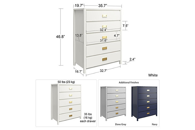 Armed with sorting boxes and laundry baskets, you make your way through your child's bedroom like a jungle adventurer deftly cutting a path with her trusty machete.  If only there was a way to prevent this wasteland of clothes piles from forming!  Enter the Little Seeds Monarch Hill Haven 5 Drawer Navy Kid's Dresser.  With its dark blue finish and fashionable gold drawer pulls, this campaign style dresser will be the perfect storage solution for your child or teen's jungle of clothes that even they will enjoy using.  The Little Seeds Monarch Hill Haven 5 Drawer Navy Kid's Dresser features durable metal drawer slides with built-in stops for safety.  The kids' dresser meets or exceeds the CPSIA Juvenile testing requirements and includes a wall anchor kit to ensure your child's safety. Little Seeds not only creates this and many more on trend baby and kids' furniture pieces, we also partner with the National Wildlife Federation's Garden for Wildlife program to help save the Monarch butterfly.Made of painted mdf with gold campaign style handles | 5 drawers with built in safety stops | The top surface can hold up to 50 lbs. And each drawer can support up to 35 lbs. | 1 year limited warranty | Assembled dimensions: 46.77”h x 35.67”w x 19.68”d