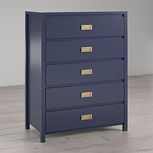 Armed with sorting boxes and laundry baskets, you make your way through your child's bedroom like a jungle adventurer deftly cutting a path with her trusty machete.  If only there was a way to prevent this wasteland of clothes piles from forming!  Enter the Little Seeds Monarch Hill Haven 5 Drawer Navy Kid's Dresser.  With its dark blue finish and fashionable gold drawer pulls, this campaign style dresser will be the perfect storage solution for your child or teen's jungle of clothes that even they will enjoy using.  The Little Seeds Monarch Hill Haven 5 Drawer Navy Kid's Dresser features durable metal drawer slides with built-in stops for safety.  The kids' dresser meets or exceeds the CPSIA Juvenile testing requirements and includes a wall anchor kit to ensure your child's safety. Little Seeds not only creates this and many more on trend baby and kids' furniture pieces, we also partner with the National Wildlife Federation's Garden for Wildlife program to help save the Monarch butterfly.Made of painted mdf with gold campaign style handles | 5 drawers with built in safety stops | The top surface can hold up to 50 lbs. And each drawer can support up to 35 lbs. | 1 year limited warranty | Assembled dimensions: 46.77”h x 35.67”w x 19.68”d