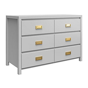 Armed with sorting boxes and laundry baskets, you make your way through your child's bedroom like a jungle adventurer deftly cutting a path with her trusty machete.  If only there was a way to prevent this wasteland of clothes piles from forming!  Enter the Little Seeds Monarch Hill Haven 6 Drawer Dove Grey Kid's Dresser.  With its light grey finish and fashionable gold drawer pulls, this campaign style dresser will be the perfect storage solution for your child or teen's jungle of clothes that even they will enjoy using.  The Little Seeds Monarch Hill Haven 6 Drawer Dove Grey Kid's Dresser features durable metal drawer slides with built-in stops for safety.  If your little one is still in diapers, you can add the optional Changing Table Topper (sold separately) to convert to a changing table dresser.  The kids' dresser meets or exceeds the CPSIA Juvenile testing requirements and includes a wall anchor kit to ensure your child's safety. Little Seeds not only creates this and many more on trend baby and kids' furniture pieces, we also partner with the National Wildlife Federation's Garden for Wildlife program to help save the Monarch butterfly.Made of light grey painted mdf | Pair the kids' dresser with the optional changing table topper (sold separately) to convert to a changing table and remove when your child outgrows it to convert back to a youth dresser | The top surface can hold up to 40 lbs. And each drawer can support up to 25 lbs. | 1 year limited warranty | Assembled dimensions: 31.41”h x 47.32”w x 19.8”d