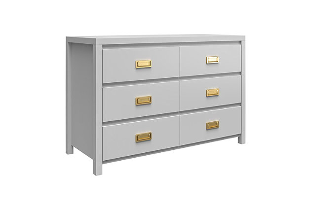Armed with sorting boxes and laundry baskets, you make your way through your child's bedroom like a jungle adventurer deftly cutting a path with her trusty machete.  If only there was a way to prevent this wasteland of clothes piles from forming!  Enter the Little Seeds Monarch Hill Haven 6 Drawer Dove Grey Kid's Dresser.  With its light grey finish and fashionable gold drawer pulls, this campaign style dresser will be the perfect storage solution for your child or teen's jungle of clothes that even they will enjoy using.  The Little Seeds Monarch Hill Haven 6 Drawer Dove Grey Kid's Dresser features durable metal drawer slides with built-in stops for safety.  If your little one is still in diapers, you can add the optional Changing Table Topper (sold separately) to convert to a changing table dresser.  The kids' dresser meets or exceeds the CPSIA Juvenile testing requirements and includes a wall anchor kit to ensure your child's safety. Little Seeds not only creates this and many more on trend baby and kids' furniture pieces, we also partner with the National Wildlife Federation's Garden for Wildlife program to help save the Monarch butterfly.Made of light grey painted mdf | Pair the kids' dresser with the optional changing table topper (sold separately) to convert to a changing table and remove when your child outgrows it to convert back to a youth dresser | The top surface can hold up to 40 lbs. And each drawer can support up to 25 lbs. | 1 year limited warranty | Assembled dimensions: 31.41”h x 47.32”w x 19.8”d