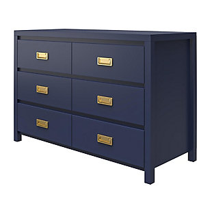Armed with sorting boxes and laundry baskets, you make your way through your child's bedroom like a jungle adventurer deftly cutting a path with her trusty machete.  If only there was a way to prevent this wasteland of clothes piles from forming!  Enter the Little Seeds Monarch Hill Haven 6 Drawer Navy Kid's Dresser.  With its dark blue finish and fashionable gold drawer pulls, this campaign style dresser will be the perfect storage solution for your child or teen's jungle of clothes that even they will enjoy using.  The Little Seeds Monarch Hill Haven 6 Drawer Navy Kid's Dresser features durable metal drawer slides with built-in stops for safety.  If your little one is still in diapers, you can add the optional Changing Table Topper (sold separately) to convert to a changing table dresser.  The kids' dresser meets or exceeds the CPSIA Juvenile testing requirements and includes a wall anchor kit to ensure your child's safety. Little Seeds not only creates this and many more on trend baby and kids' furniture pieces, we also partner with the National Wildlife Federation's Garden for Wildlife program to help save the Monarch butterfly.Made of navy painted mdf | Pair the kids' dresser with the optional changing table topper (sold separately) to convert to a changing table and remove when your child outgrows it to convert back to a youth dresser | The top surface can hold up to 40 lbs. And each drawer can support up to 25 lbs. | 1 year limited warranty | Assembled dimensions: 31.41”h x 47.32”w x 19.8”d