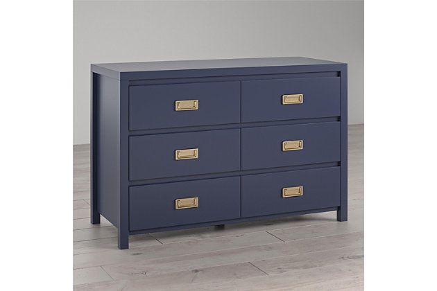 Armed with sorting boxes and laundry baskets, you make your way through your child's bedroom like a jungle adventurer deftly cutting a path with her trusty machete.  If only there was a way to prevent this wasteland of clothes piles from forming!  Enter the Little Seeds Monarch Hill Haven 6 Drawer Navy Kid's Dresser.  With its dark blue finish and fashionable gold drawer pulls, this campaign style dresser will be the perfect storage solution for your child or teen's jungle of clothes that even they will enjoy using.  The Little Seeds Monarch Hill Haven 6 Drawer Navy Kid's Dresser features durable metal drawer slides with built-in stops for safety.  If your little one is still in diapers, you can add the optional Changing Table Topper (sold separately) to convert to a changing table dresser.  The kids' dresser meets or exceeds the CPSIA Juvenile testing requirements and includes a wall anchor kit to ensure your child's safety. Little Seeds not only creates this and many more on trend baby and kids' furniture pieces, we also partner with the National Wildlife Federation's Garden for Wildlife program to help save the Monarch butterfly.Made of navy painted mdf | Pair the kids' dresser with the optional changing table topper (sold separately) to convert to a changing table and remove when your child outgrows it to convert back to a youth dresser | The top surface can hold up to 40 lbs. And each drawer can support up to 25 lbs. | 1 year limited warranty | Assembled dimensions: 31.41”h x 47.32”w x 19.8”d