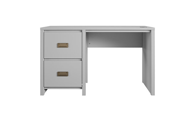 It's what every intrepid explorer dreams of – that amazing feeling of triumph after discovering the perfect find, a kids' desk for small spaces!  Enter the Little Seeds Monarch Hill Haven Dove Grey Single Pedestal Kids' Desk. With its classic light grey finish and beautiful gold drawer pulls, this campaign style single pedestal desk will be the hub of your little adventurer's creative explorations.  This dove grey kids' desk features two drawers for storing treasures and school supplies.  The dove grey kids' desk also features a wireless charging pad for all Qi enabled devices – just place your device on the pad and watch your battery charge right up! The Little Seeds Monarch Hill Haven Dove Grey Single Pedestal Kids' Desk also meets or exceeds the CPSIA Juvenile testing requirements to ensure your child's safety. Little Seeds not only creates this and many more on trend kids' and teen furniture pieces, we also partner with the National Wildlife Federation's Garden for Wildlife program to help save the Monarch butterfly.Made of light grey painted mdf.  the desk drawers feature durable metal slides with built in stops for safety. | Wireless charging pad for qi enabled devices | The monarch hill haven dove grey single pedestal kids' desk pairs with the little seeds monarch hill haven collection (sold separately). | The desktop can hold up to 100 lbs. While the drawers can hold 25 lbs. Each | 1 year warranty. Assembled dimensions: 27.9”h x 47.4”w x 18.7”d