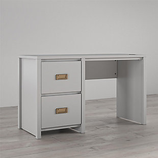 It's what every intrepid explorer dreams of – that amazing feeling of triumph after discovering the perfect find, a kids' desk for small spaces!  Enter the Little Seeds Monarch Hill Haven Dove Grey Single Pedestal Kids' Desk. With its classic light grey finish and beautiful gold drawer pulls, this campaign style single pedestal desk will be the hub of your little adventurer's creative explorations.  This dove grey kids' desk features two drawers for storing treasures and school supplies.  The dove grey kids' desk also features a wireless charging pad for all Qi enabled devices – just place your device on the pad and watch your battery charge right up! The Little Seeds Monarch Hill Haven Dove Grey Single Pedestal Kids' Desk also meets or exceeds the CPSIA Juvenile testing requirements to ensure your child's safety. Little Seeds not only creates this and many more on trend kids' and teen furniture pieces, we also partner with the National Wildlife Federation's Garden for Wildlife program to help save the Monarch butterfly.Made of light grey painted mdf.  the desk drawers feature durable metal slides with built in stops for safety. | Wireless charging pad for qi enabled devices | The monarch hill haven dove grey single pedestal kids' desk pairs with the little seeds monarch hill haven collection (sold separately). | The desktop can hold up to 100 lbs. While the drawers can hold 25 lbs. Each | 1 year warranty. Assembled dimensions: 27.9”h x 47.4”w x 18.7”d