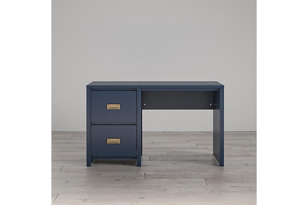 It's what every intrepid explorer dreams of – that amazing feeling of triumph after discovering the perfect find, a kids' desk for small spaces!  Enter the Little Seeds Monarch Hill Haven Navy Single Pedestal Kids' Desk. With its classic dark blue finish and beautiful gold drawer pulls, this campaign style single pedestal desk will be the hub of your little adventurer's creative explorations.  This navy kids' desk features two drawers for storing treasures and school supplies.  The navy kids' desk also features a wireless charging pad for all Qi enabled devices – just place your device on the pad and watch your battery charge right up! The Little Seeds Monarch Hill Haven Navy Single Pedestal Kids' Desk also meets or exceeds the CPSIA Juvenile testing requirements to ensure your child's safety. Little Seeds not only creates this and many more on trend kids' and teen furniture pieces, we also partner with the National Wildlife Federation's Garden for Wildlife program to help save the Monarch butterfly.Made of dark blue painted mdf.  the desk drawers feature durable metal slides with built in stops for safety. | Wireless charging pad for qi enabled devices | The monarch hill haven navy single pedestal kids' desk pairs with the little seeds monarch hill haven collection (sold separately). | The desktop can hold up to 100 lbs. While the drawers can hold 25 lbs. Each | 1 year warranty. Assembled dimensions: 27.9”h x 47.4”w x 18.7”d