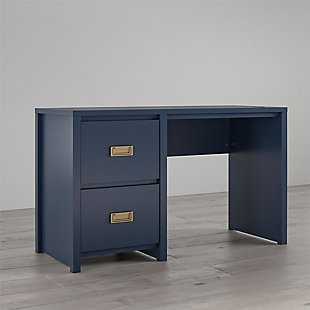 It's what every intrepid explorer dreams of – that amazing feeling of triumph after discovering the perfect find, a kids' desk for small spaces!  Enter the Little Seeds Monarch Hill Haven Navy Single Pedestal Kids' Desk. With its classic dark blue finish and beautiful gold drawer pulls, this campaign style single pedestal desk will be the hub of your little adventurer's creative explorations.  This navy kids' desk features two drawers for storing treasures and school supplies.  The navy kids' desk also features a wireless charging pad for all Qi enabled devices – just place your device on the pad and watch your battery charge right up! The Little Seeds Monarch Hill Haven Navy Single Pedestal Kids' Desk also meets or exceeds the CPSIA Juvenile testing requirements to ensure your child's safety. Little Seeds not only creates this and many more on trend kids' and teen furniture pieces, we also partner with the National Wildlife Federation's Garden for Wildlife program to help save the Monarch butterfly.Made of dark blue painted mdf.  the desk drawers feature durable metal slides with built in stops for safety. | Wireless charging pad for qi enabled devices | The monarch hill haven navy single pedestal kids' desk pairs with the little seeds monarch hill haven collection (sold separately). | The desktop can hold up to 100 lbs. While the drawers can hold 25 lbs. Each | 1 year warranty. Assembled dimensions: 27.9”h x 47.4”w x 18.7”d