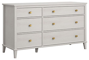 In the mood for a change? This Little Seeds Monarch Hill Poppy 6-drawer dresser includes two sets of knobs so you can customize the look to suit your space. Sporting an off-white woodgrain finish and asymmetrical drawer design, this stylish piece provides all the roomy storage you need to keep your child’s clothes neat and organized. Whether you settle on silver or go for the gold, you'll have a dresser that will make a lasting impression.Made of engineered wood/laminated particle board | Non-toxic, ivory woodgrain finish | Changing table topper available (sold separately) | 6 smooth-gliding drawers with metal slides | 2 sets of metal pulls (goldtone and silvertone) for a customized look | Anti-tip kit included for extra protection | Assembly required