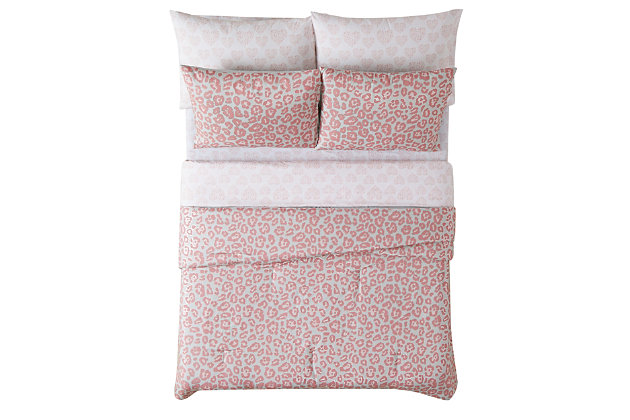 Take risks with the Material Girl Leopard bedding collection. The comforter is printed on a gray background with a fun, tonal pink leopard design with a silver metallic outline. The reverse fabric is a solid gray fabric that coordinates to the face. The sheets features a pink heart design made up of leopard printed spots.Includes comforter, flat sheet, fitted sheet, sham and pillowcase | Made of microfiber polyester | Comforter with down alternative polyfill | Machine washable; wash in appropriate size equipment to avoid damage | Imported
