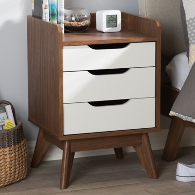 Brighton Midcentury 3-Drawer Nightstand, White/Walnut Brown