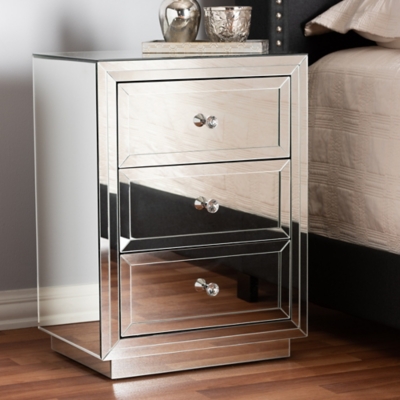 Baxton Studio Lina Mirrored Three Drawer Nightstand Ashley