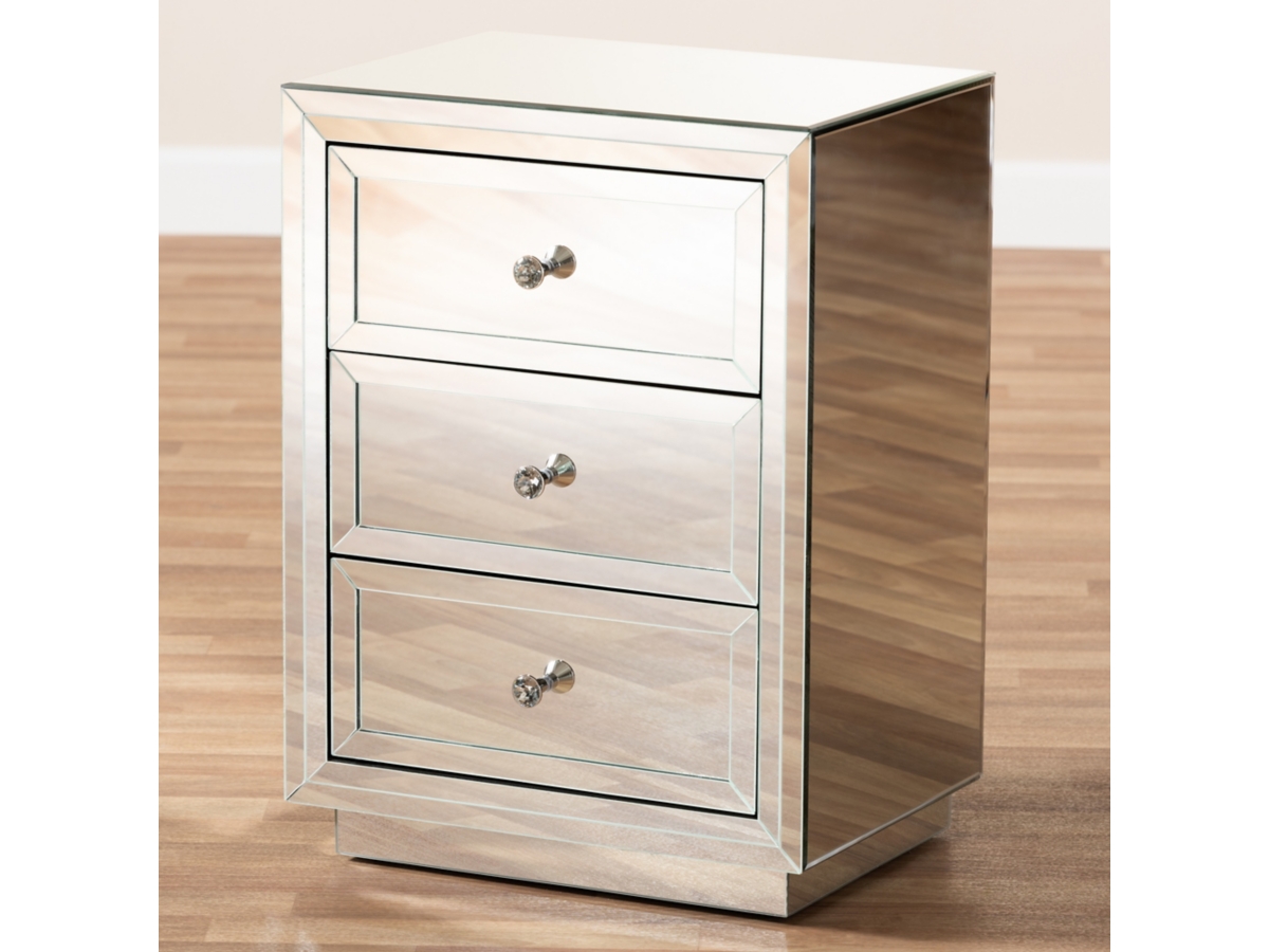 Baxton Studio Lina Mirrored 3 Drawer Nightstand