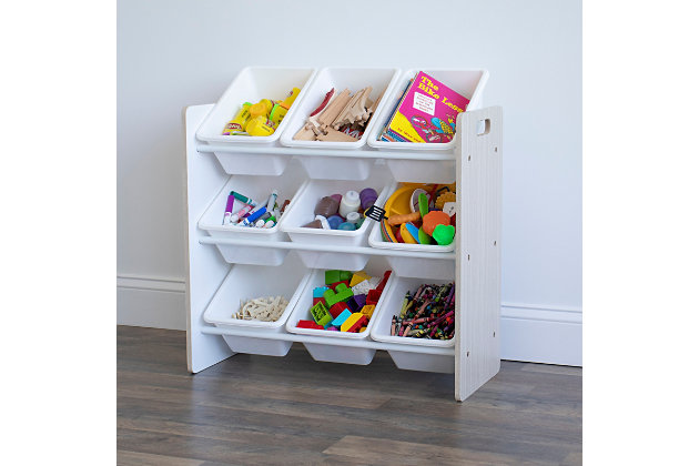 Playtime is more fun when your kids can easily take out their toys, books and games and then quickly clean up afterwards. The space-saving Humble Crew Toy Storage Organizer with 9 Storage Bins stows your children's toys in easy-to-see, easy-to-access BPA and phthalate free plastic storage bins.  9 standard storage containers are easy to remove, replace and reposition along the 3 tiered shelves—sized just right within the toy organizer for toddlers and preschool-aged children.  It makes a great toy box storage alternative, helping keep your little one’s room clean and organized while at the same time teaching sorting and cognitive skills. The stylish sandwashed wood finish paired with white plastic bins creates the perfect organizational solution for bedrooms, nurseries, playrooms and classrooms. Made with a sturdy engineered wood construction frame and steel shelving rods, each level can hold up to 20 pounds. Some assembly is required and includes all hardware.Removable toy storage bins for playtime and easy clean up. | Sturdy engineered wood construction frame reinforced with steel dowels, 20 pound weight capacity per level. | 9 durable plastic storage bins. Bpa and phthalate free. | Neutral sandwashed wooden finish with white colored toy bins. | Organizer dimensions: 24"w x 12"d x 26"h, standard bin dimensions: 12"l x 9"w x 6"h | Assembly required. Includes all hardware.