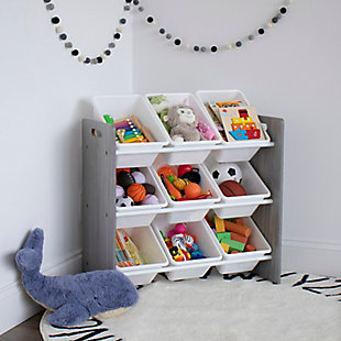 Playtime is more fun when your kids can easily take out their toys, books and games and then quickly clean up afterwards. The space-saving Humble Crew Toy Storage Organizer with 9 Storage Bins stows your children's toys in easy-to-see, easy-to-access BPA and phthalate free plastic storage bins.  9 standard storage containers are easy to remove, replace and reposition along the 3 tiered shelves—sized just right within the toy organizer for toddlers and preschool-aged children. It makes a great toy box storage alternative, helping keep your little one’s room clean and organized while at the same time teaching sorting and cognitive skills. The stylish white wood finish paired with grey plastic bins creates the perfect organizational solution for bedrooms, nurseries, playrooms and classrooms. Made with a sturdy engineered wood construction frame and steel shelving rods, each level can hold up to 20 pounds. Some assembly is required and includes all hardware.Removable toy storage bins for playtime and easy clean up. | Sturdy engineered wood construction frame reinforced with steel dowels, 20 pound weight capacity per level. | 9 durable plastic storage bins. Bpa and phthalate free. | Neutral white wooden finish with grey colored toy bins. | Organizer dimensions: 24"w x 12"d x 26"h, standard bin dimensions: 12"l x 9"w x 6"h | Assembly required. Includes all hardware.