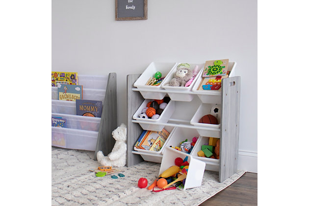 Playtime is more fun when your kids can easily take out their toys, books and games and then quickly clean up afterwards. The space-saving Humble Crew Toy Storage Organizer with 9 Storage Bins stows your children's toys in easy-to-see, easy-to-access BPA and phthalate free plastic storage bins.  9 standard storage containers are easy to remove, replace and reposition along the 3 tiered shelves—sized just right within the toy organizer for toddlers and preschool-aged children. It makes a great toy box storage alternative, helping keep your little one’s room clean and organized while at the same time teaching sorting and cognitive skills. The stylish white wood finish paired with grey plastic bins creates the perfect organizational solution for bedrooms, nurseries, playrooms and classrooms. Made with a sturdy engineered wood construction frame and steel shelving rods, each level can hold up to 20 pounds. Some assembly is required and includes all hardware.Removable toy storage bins for playtime and easy clean up. | Sturdy engineered wood construction frame reinforced with steel dowels, 20 pound weight capacity per level. | 9 durable plastic storage bins. Bpa and phthalate free. | Neutral white wooden finish with grey colored toy bins. | Organizer dimensions: 24"w x 12"d x 26"h, standard bin dimensions: 12"l x 9"w x 6"h | Assembly required. Includes all hardware.