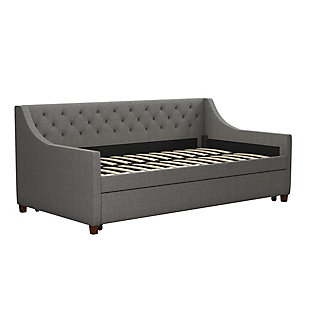 The Novogratz Her Majesty Daybed and Trundle is a royal game changer. This 3 in 1 piece can be used as a sofa, bed and guest bed, bringing functionality, versatility and style to your home. With a midcentury design, it features a backrest covered in elegant diamond tufted linen, stylish wingback arms and tapered brown legs. The Her Majesty daybed comes with a unique bentwood slat system that provides superior back support with excellent pressure distribution, without needing a foundation. Furthermore, the slats allow air to pass freely beneath your mattress, keeping it cool and fresh. The pull out trundle accommodates a standard size mattress (sold separately) and comes with casters that lock in place so your visits don’t slide away. Available in multiple colors, this daybed ships in one box and assembles easily. Get royal treatment with the Novogratz Her Majesty Daybed and Trundle!Midcentury design features a diamond tufted backrest with wingback arms and tapered brown legs | Made with a sturdy wood frame and upholstered in premium linen | Available in multiple colors | Pull out trundle with casters that lock in place | Accommodates two standard size mattresses (sold separately; maximum mattress height for the trundle is 6") | 1 year limited warranty | Assembly required